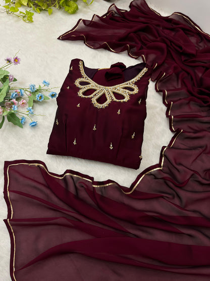 Party Wear Look Black Rangoli Georgette Maroon Color Gown With Dupatta