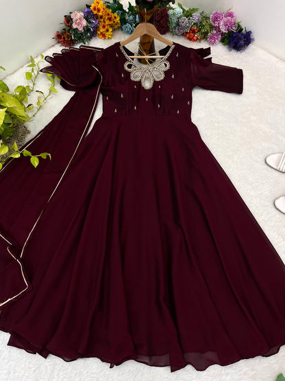 Party Wear Look Black Rangoli Georgette Maroon Color Gown With Dupatta