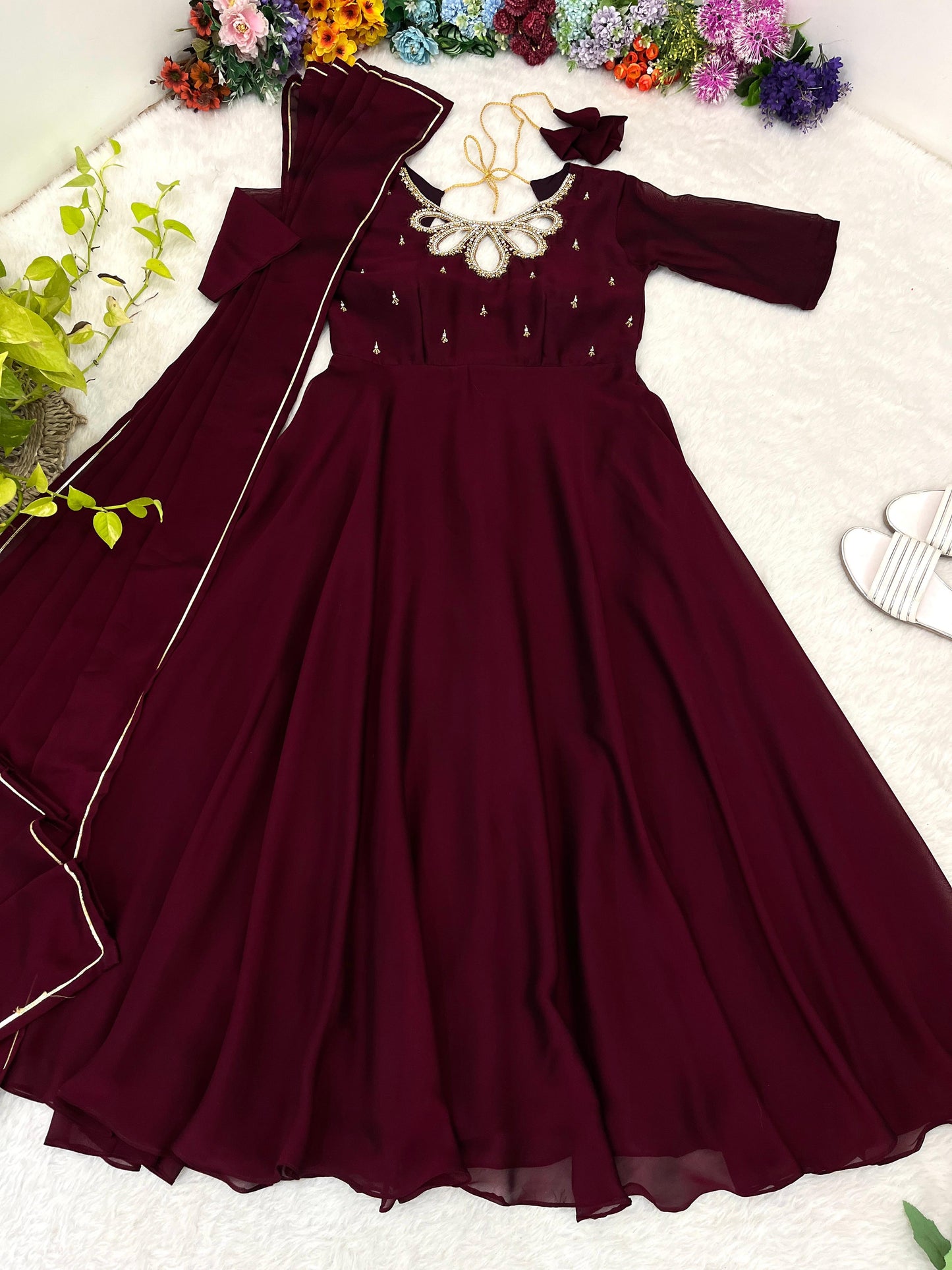 Party Wear Look Black Rangoli Georgette Maroon Color Gown With Dupatta