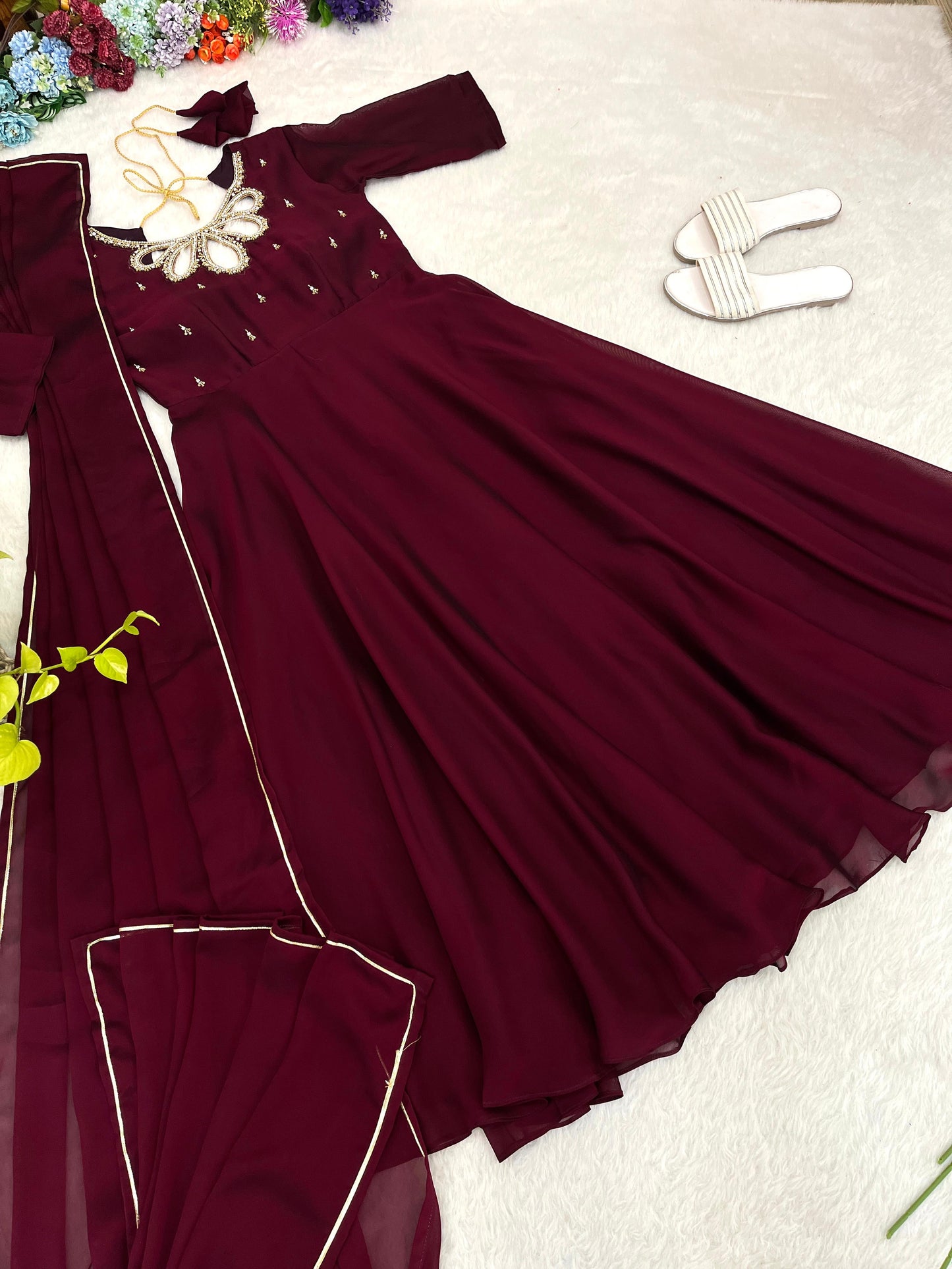 Party Wear Look Black Rangoli Georgette Maroon Color Gown With Dupatta