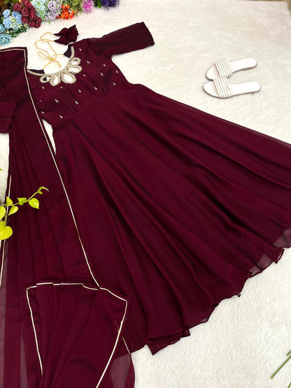 Party Wear Look Black Rangoli Georgette Maroon Color Gown With Dupatta