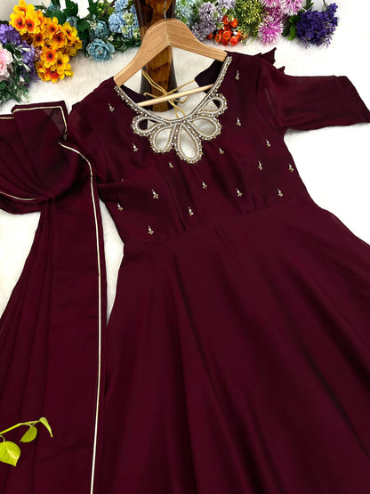 Party Wear Look Black Rangoli Georgette Maroon Color Gown With Dupatta