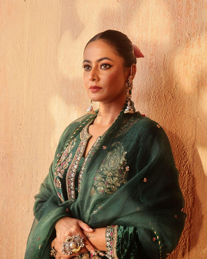 Alluring Green Color Heavy Viscous Velvet With Heavy Embroidery Sequence Work Beautiful Velvet Salwar Suit