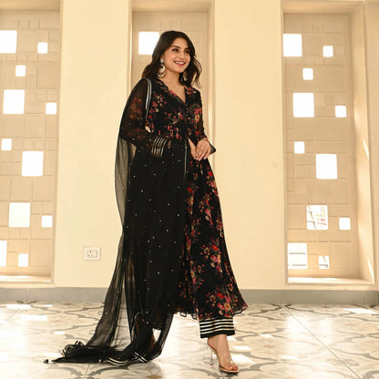 Fashionable Black Color Pure Georgette Printed Designer Anarkali Suit