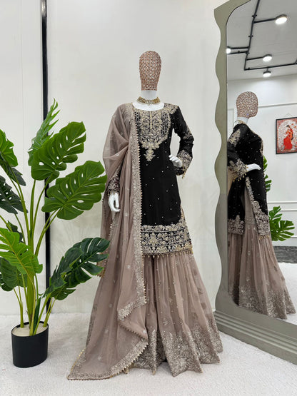 Wedding Wear Black Color Faux Georgette With Coding And Sequence With Pearl Work Beautiful Designer Sharara Suit