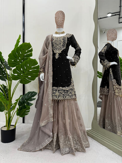 Wedding Wear Black Color Faux Georgette With Coding And Sequence With Pearl Work Beautiful Designer Sharara Suit