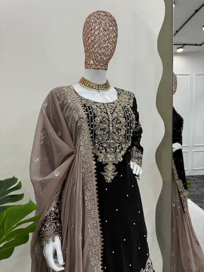 Wedding Wear Black Color Faux Georgette With Coding And Sequence With Pearl Work Beautiful Designer Sharara Suit