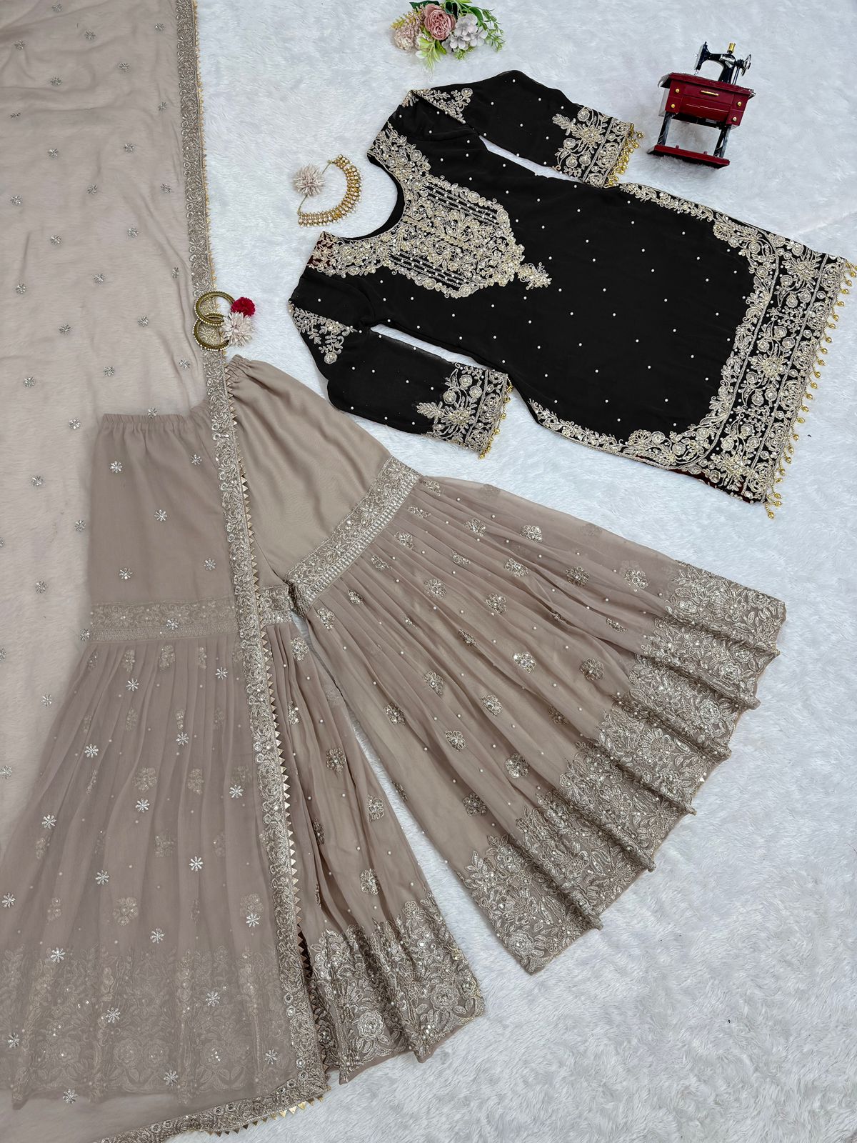 Wedding Wear Black Color Faux Georgette With Coding And Sequence With Pearl Work Beautiful Designer Sharara Suit
