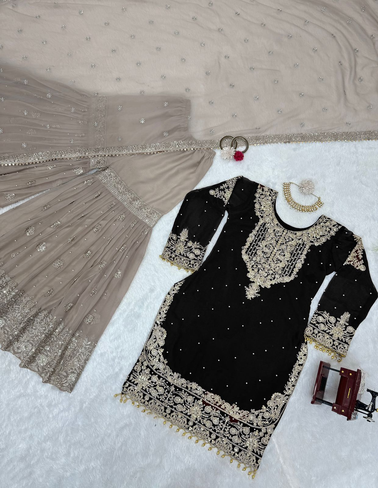 Wedding Wear Black Color Faux Georgette With Coding And Sequence With Pearl Work Beautiful Designer Sharara Suit
