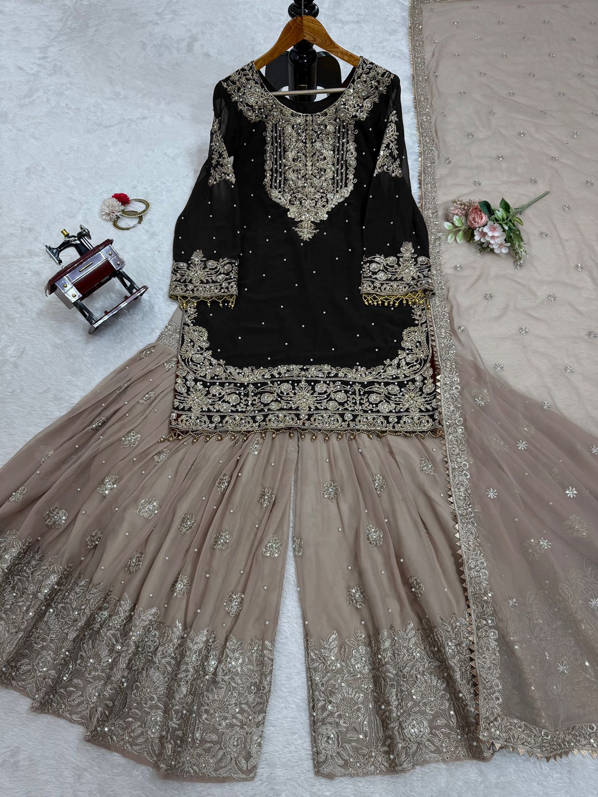 Wedding Wear Black Color Faux Georgette With Coding And Sequence With Pearl Work Beautiful Designer Sharara Suit
