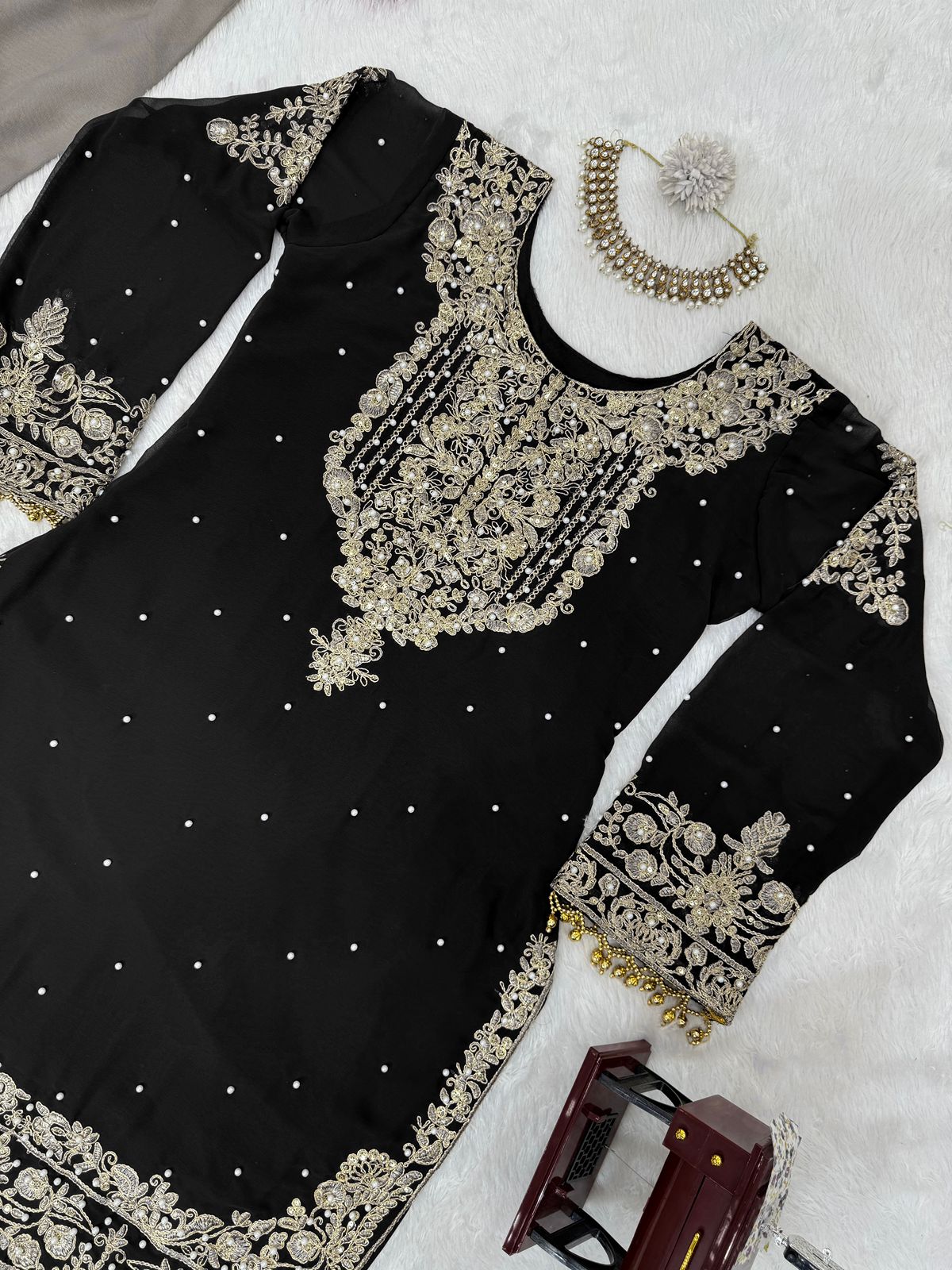 Wedding Wear Black Color Faux Georgette With Coding And Sequence With Pearl Work Beautiful Designer Sharara Suit