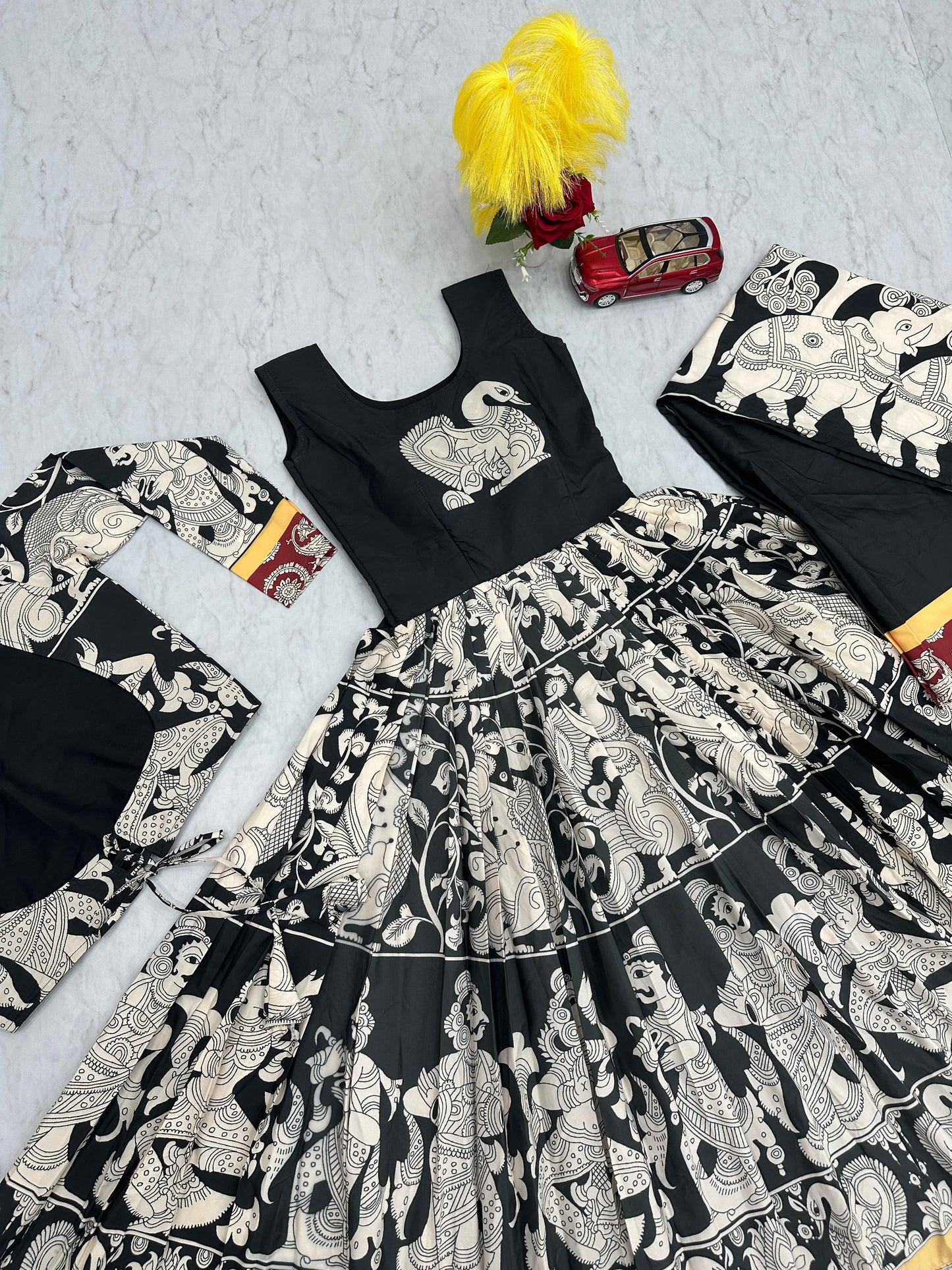 Function Wear Black And White Color Rayon Cotton And kalamkari Printed Designer Gown