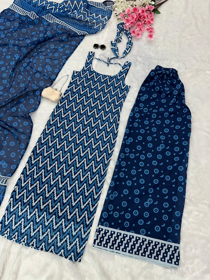 Casual Wear Blue Color Zig Zac Design Pure Soft Cotton Printed Kurti With Palazzo
