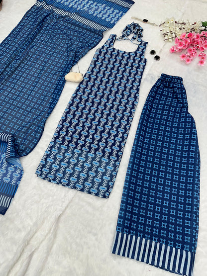 Good Looking Blue Color Pure Soft Cotton Printed Kurti With Palazzo