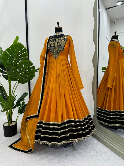 Glorious Mustard Color Gold Crush With Viscos Velvet Designer Gown