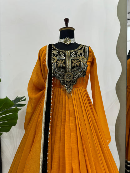Glorious Mustard Color Gold Crush With Viscos Velvet Designer Gown