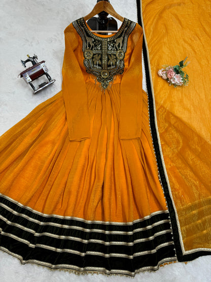 Glorious Mustard Color Gold Crush With Viscos Velvet Designer Gown