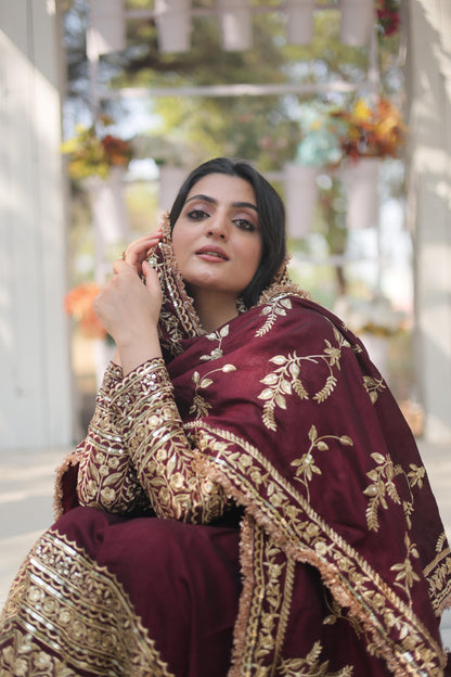 Wedding Wear Dark Maroon Vichitra Shimmer With Sequins And Embroidered Work Designer Gown
