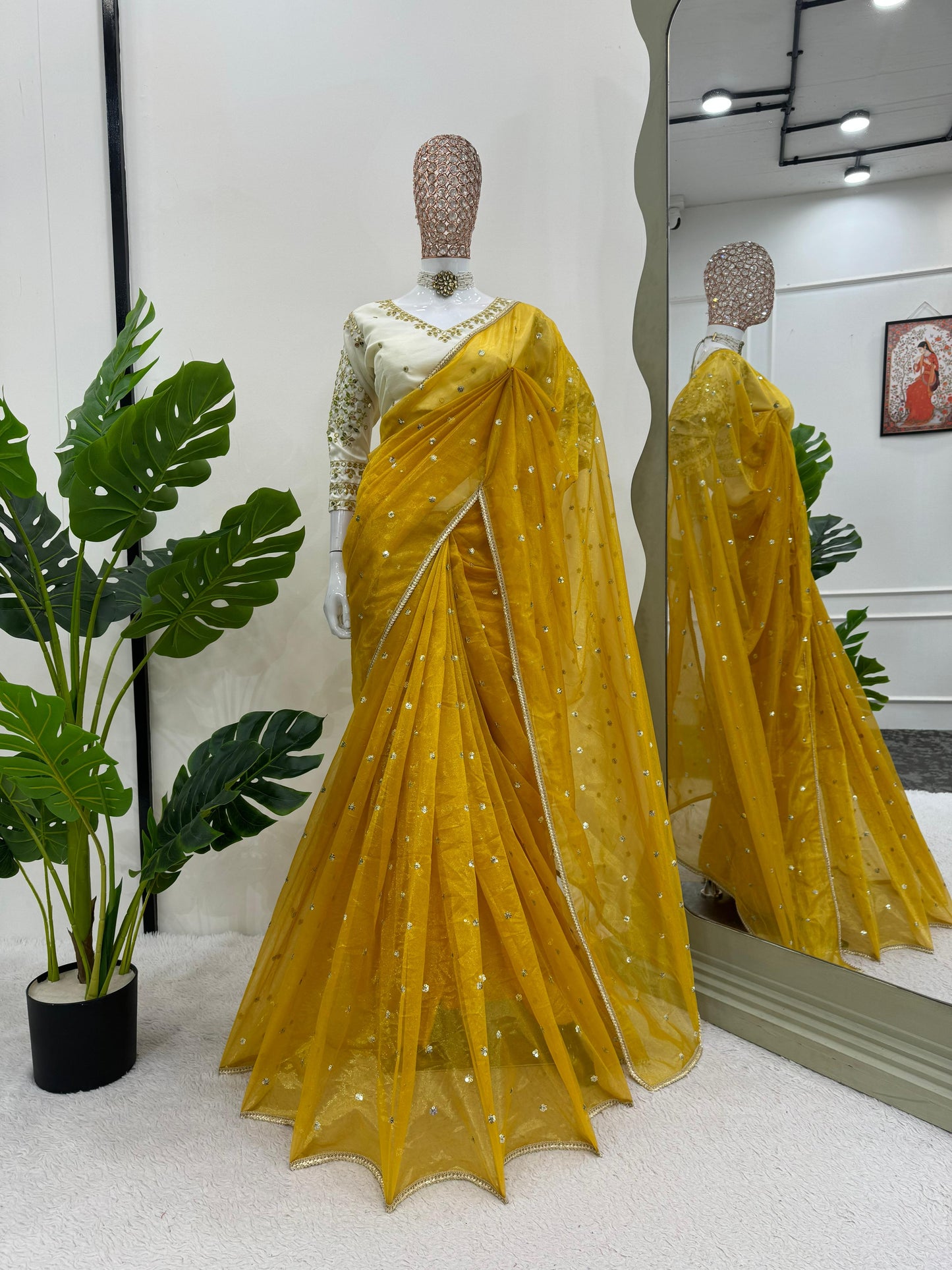 Luxuriant Mustard Color Heavy Twill Net Thread And Sequence Beautiful Designer Saree