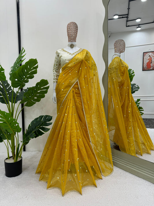 Luxuriant Mustard Color Heavy Twill Net Thread And Sequence Beautiful Designer Saree
