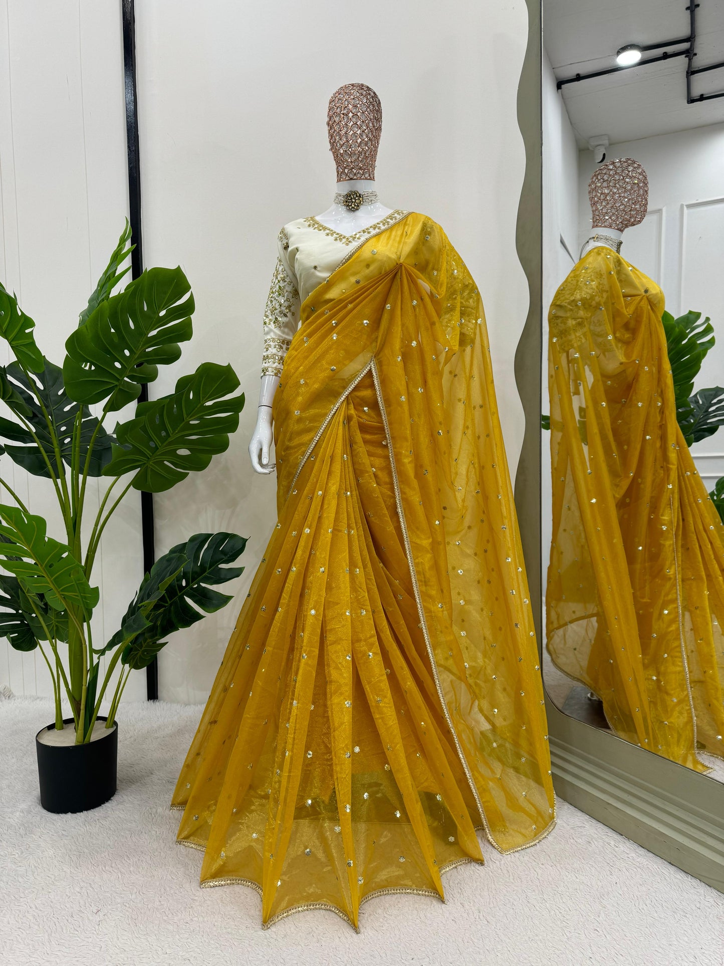 Luxuriant Mustard Color Heavy Twill Net Thread And Sequence Beautiful Designer Saree