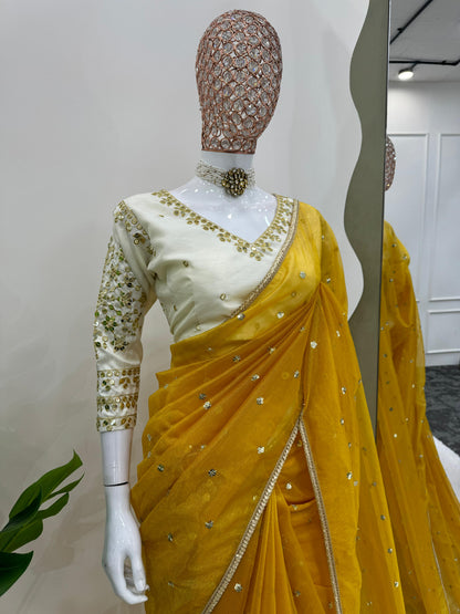 Luxuriant Mustard Color Heavy Twill Net Thread And Sequence Beautiful Designer Saree