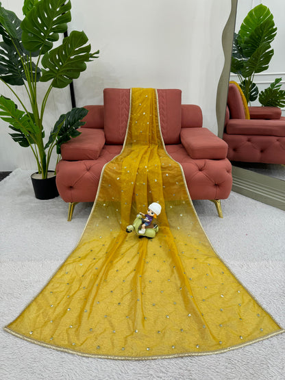Luxuriant Mustard Color Heavy Twill Net Thread And Sequence Beautiful Designer Saree