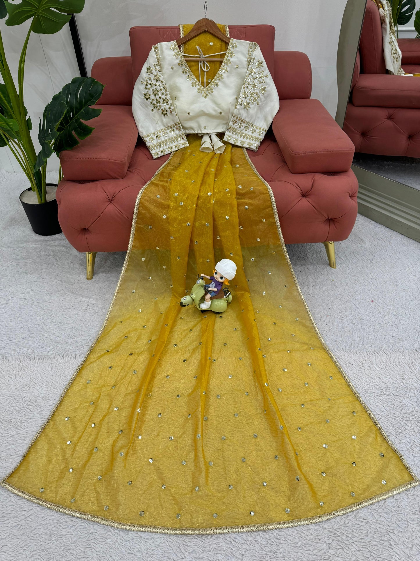 Luxuriant Mustard Color Heavy Twill Net Thread And Sequence Beautiful Designer Saree