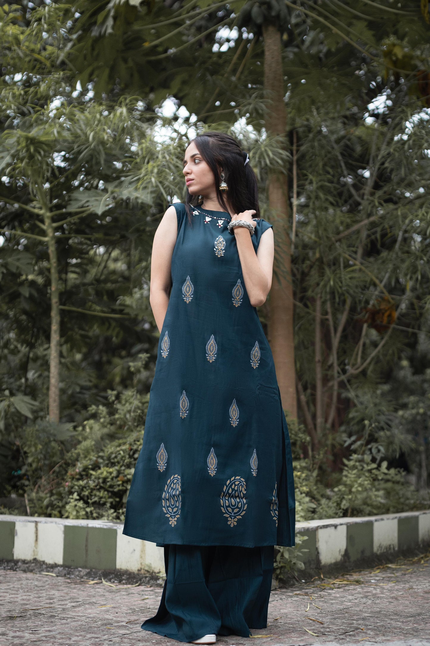 Eyes Catching Teal Blue Color Mirror Hand Work Designer Palazzo Suit