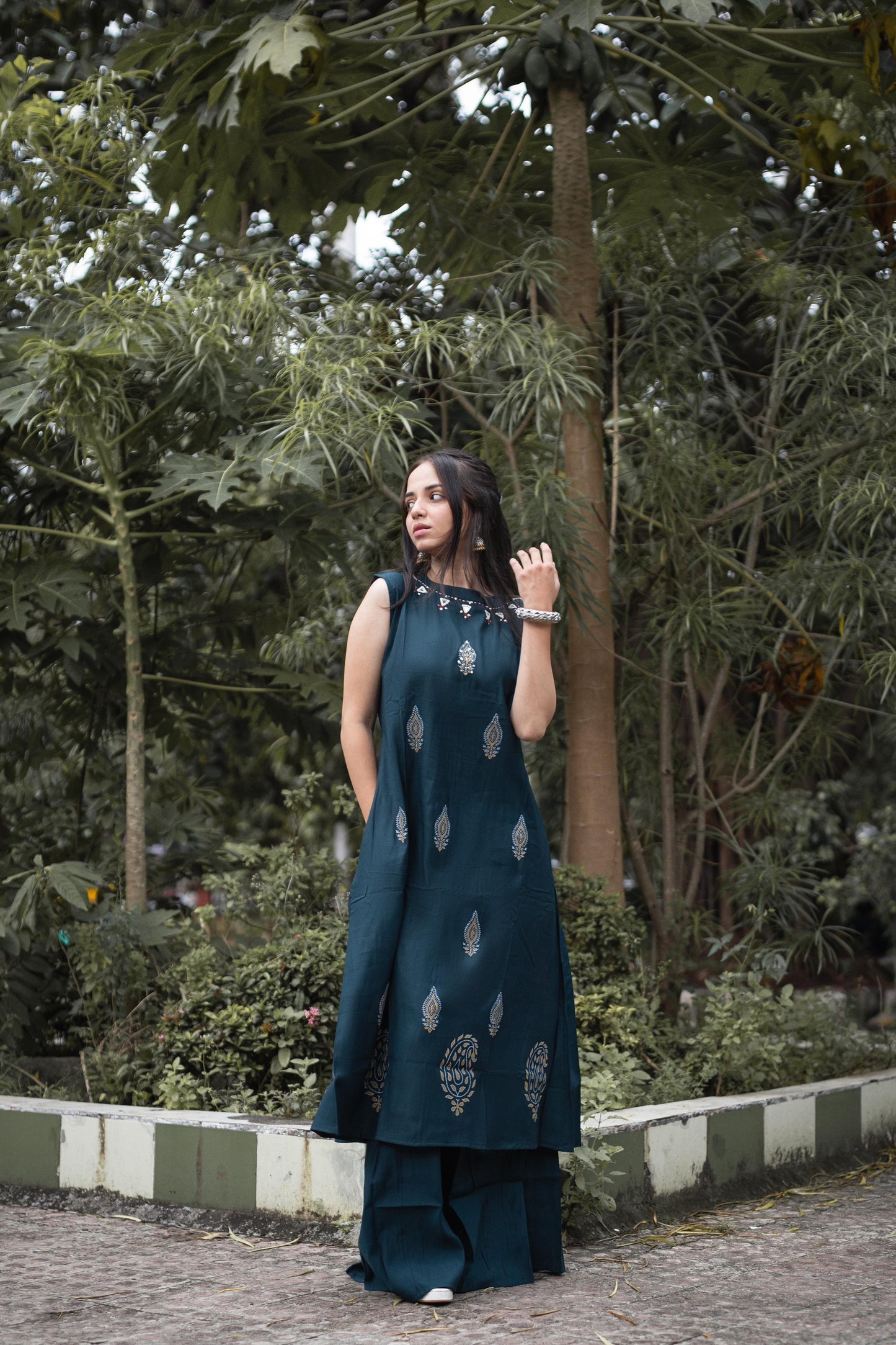 Eyes Catching Teal Blue Color Mirror Hand Work Designer Palazzo Suit