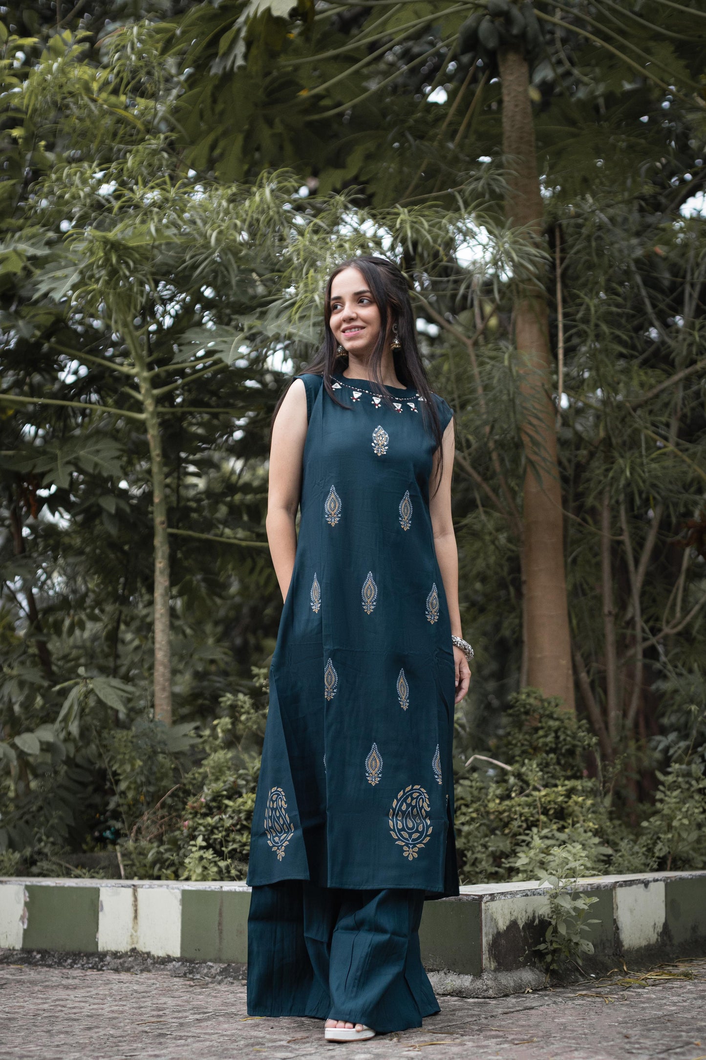Eyes Catching Teal Blue Color Mirror Hand Work Designer Palazzo Suit