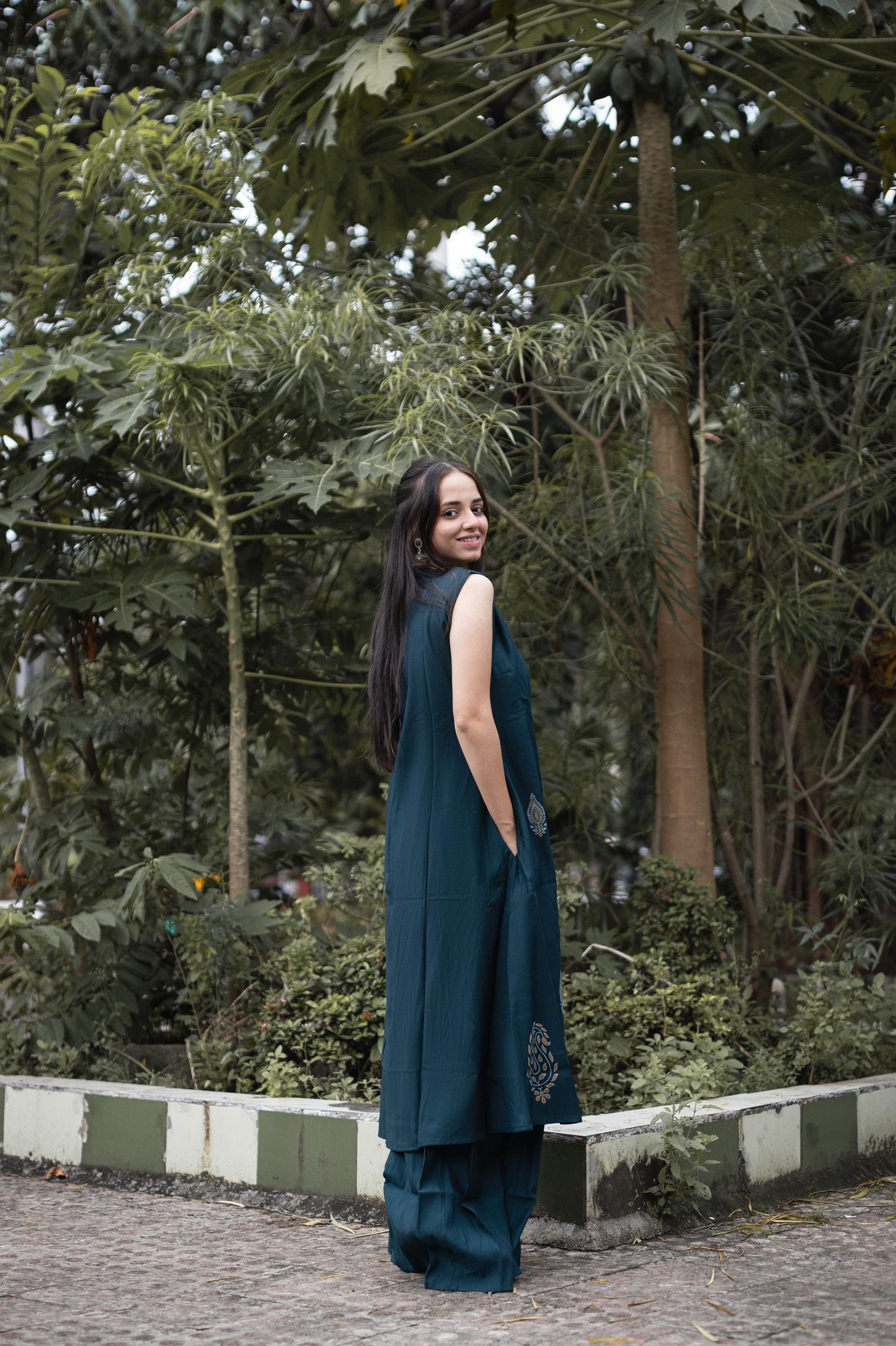 Eyes Catching Teal Blue Color Mirror Hand Work Designer Palazzo Suit