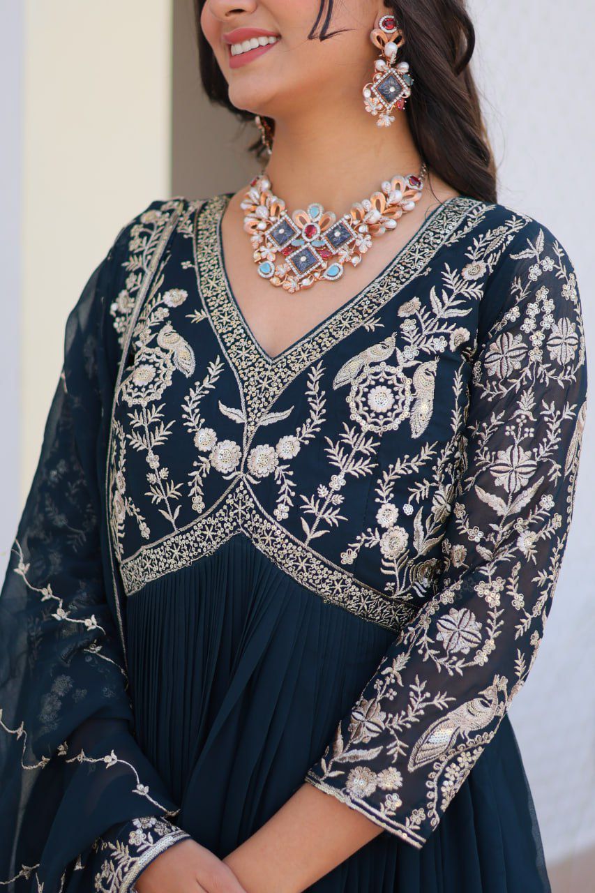 Party Wear Teal Blue Color Faux Georgette And Heavy Sequence Embroidery Work Designer Gown