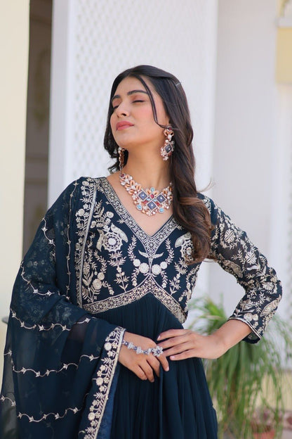 Party Wear Teal Blue Color Faux Georgette And Heavy Sequence Embroidery Work Designer Gown