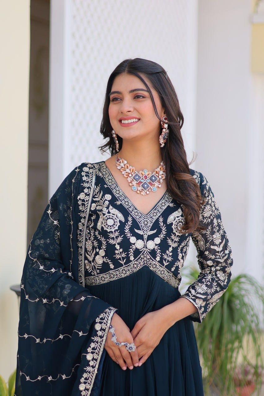 Party Wear Teal Blue Color Faux Georgette And Heavy Sequence Embroidery Work Designer Gown
