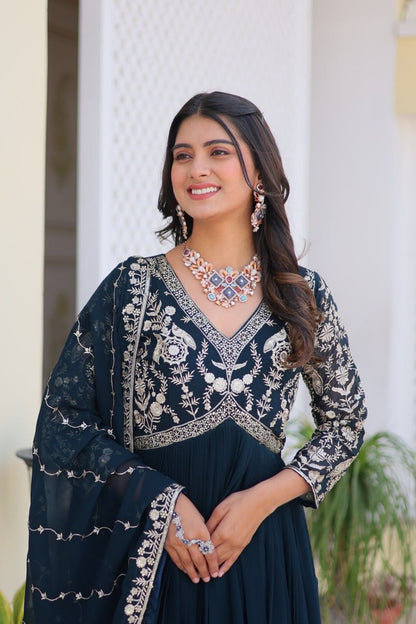 Party Wear Teal Blue Color Faux Georgette And Heavy Sequence Embroidery Work Designer Gown