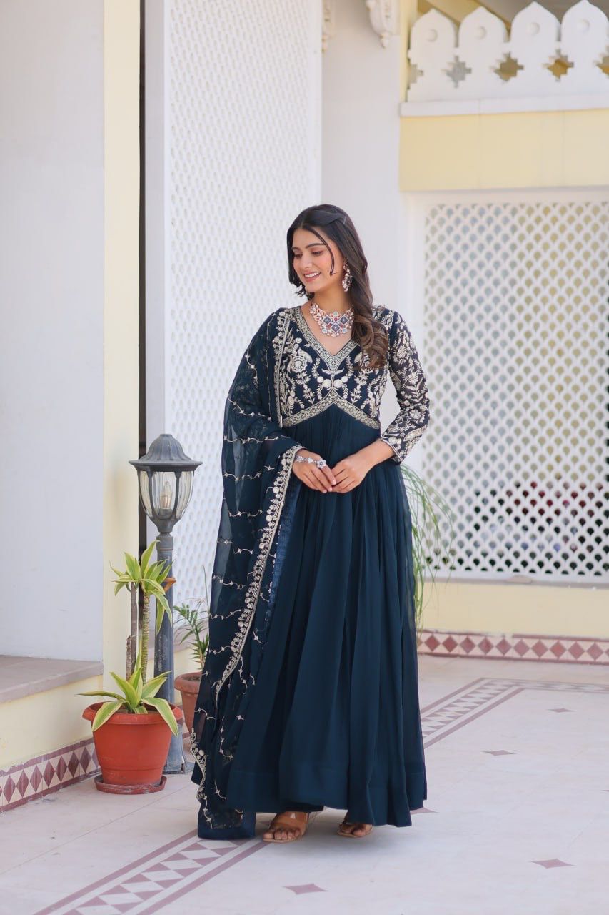 Party Wear Teal Blue Color Faux Georgette And Heavy Sequence Embroidery Work Designer Gown