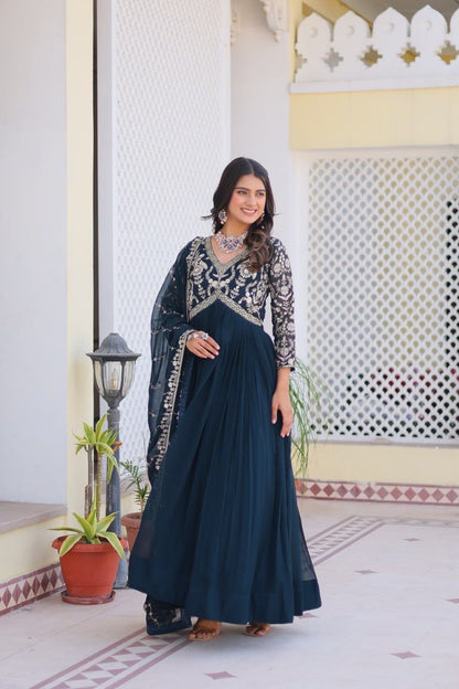 Party Wear Teal Blue Color Faux Georgette And Heavy Sequence Embroidery Work Designer Gown