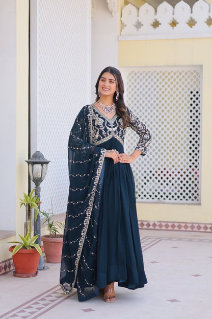 Party Wear Teal Blue Color Faux Georgette And Heavy Sequence Embroidery Work Designer Gown