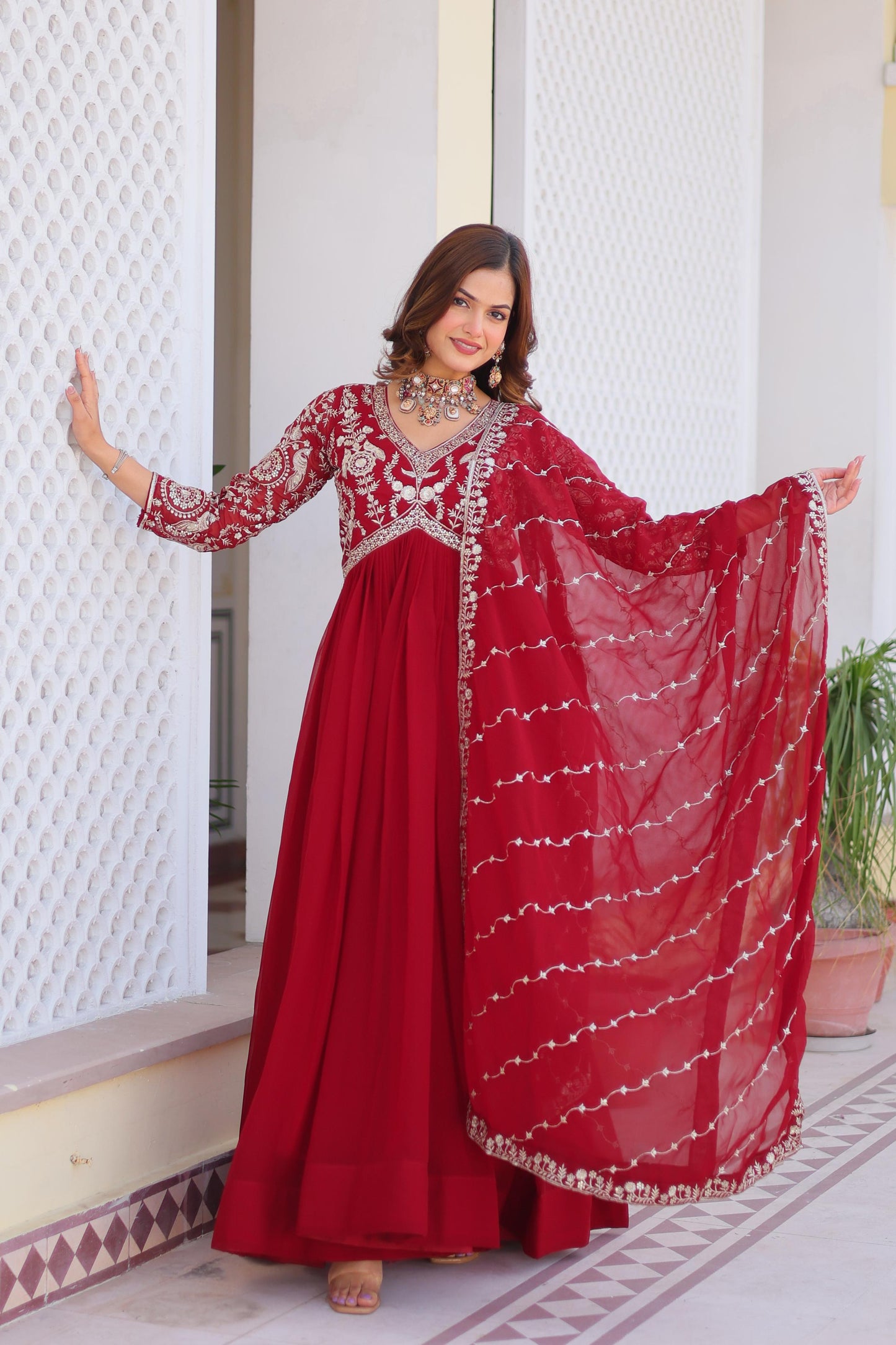 Party Wear Red Color Faux Georgette And Heavy Sequence Embroidery Work Designer Gown