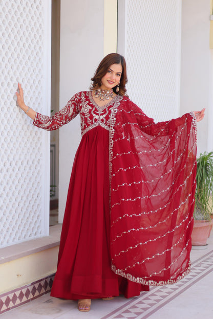 Party Wear Red Color Faux Georgette And Heavy Sequence Embroidery Work Designer Gown