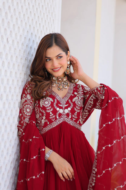 Party Wear Red Color Faux Georgette And Heavy Sequence Embroidery Work Designer Gown