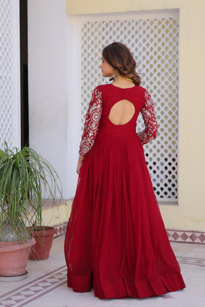 Party Wear Red Color Faux Georgette And Heavy Sequence Embroidery Work Designer Gown