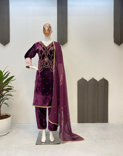 Latest Designer Wine Color Velvet Sequence Embroidery Work Beautiful Salwar Suit