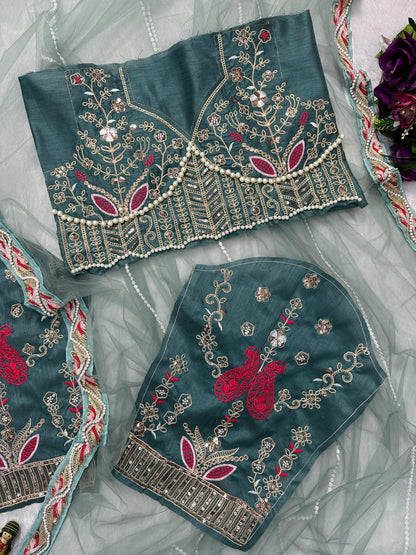 Wedding Wear Sky Color  Butterfly Net  Embroidery Work With Pearl Moti Work Designer Saree With Fancy Blouse