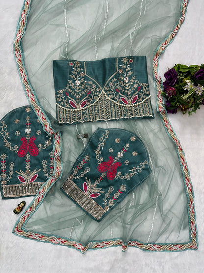 Wedding Wear Sky Color  Butterfly Net  Embroidery Work With Pearl Moti Work Designer Saree With Fancy Blouse