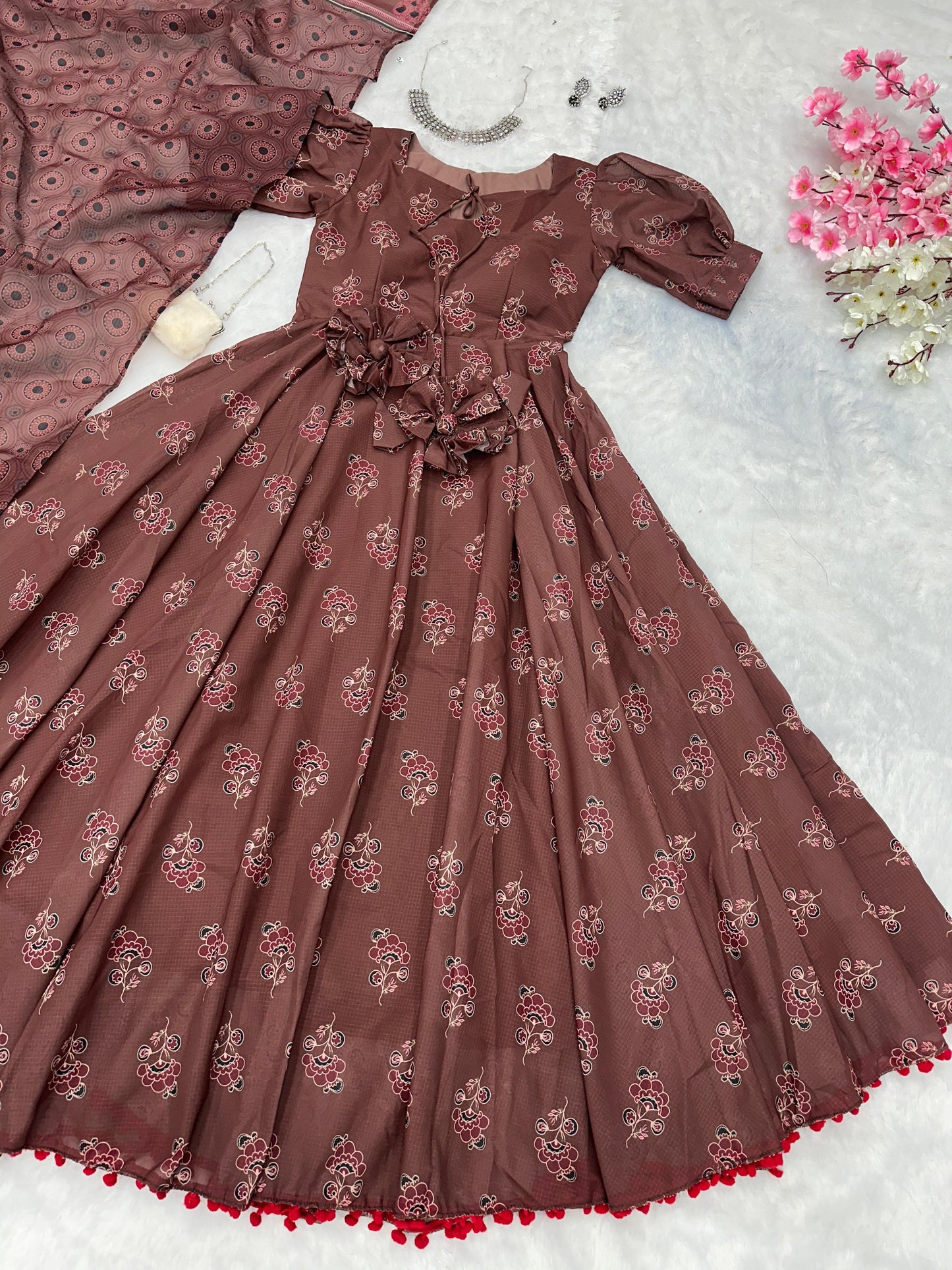 Pretty Brown Color Pure Soft Cotton Printed Anarkali Huge 8 Meter Flair Anarkali Gown