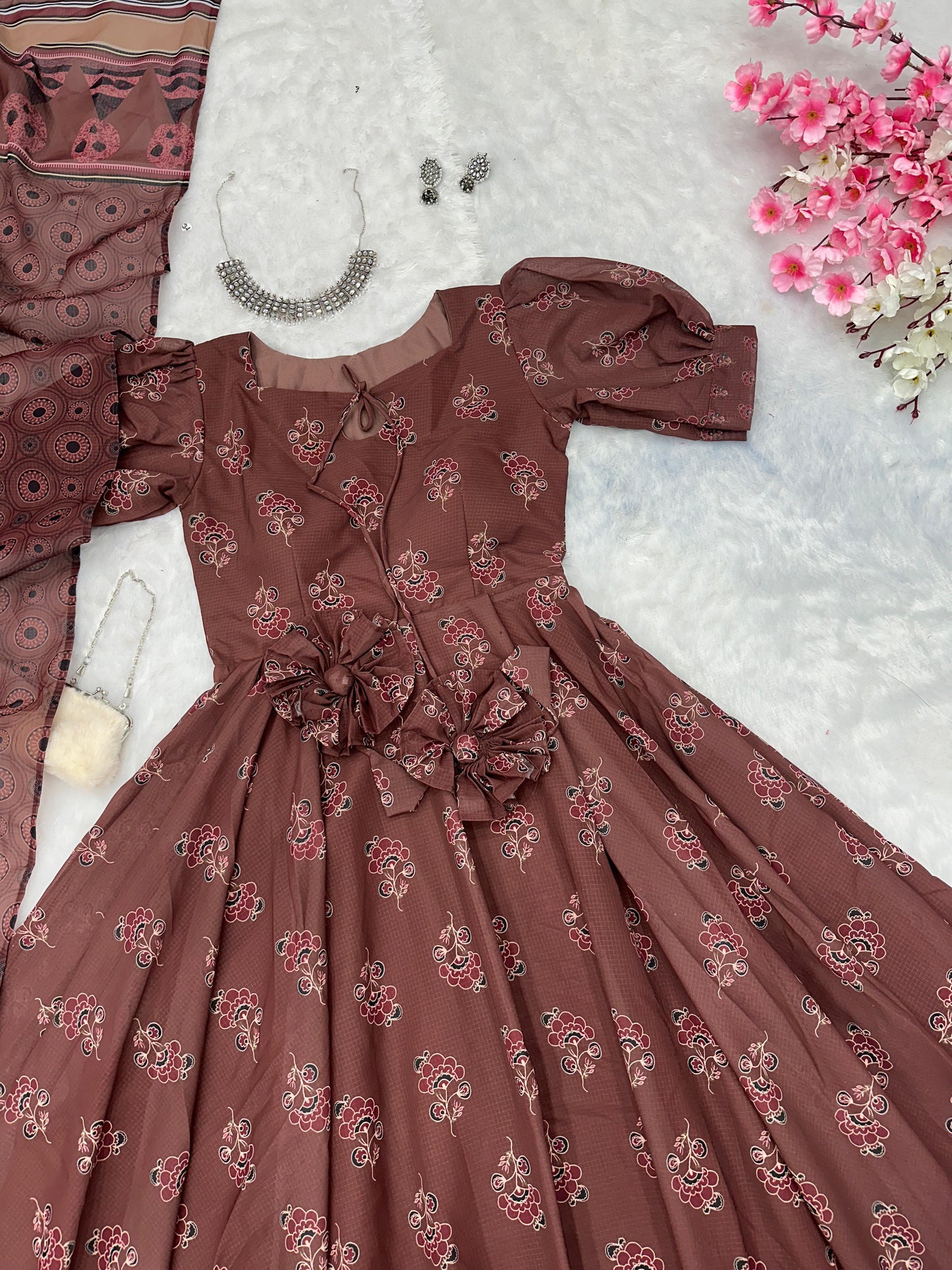 Pretty Brown Color Pure Soft Cotton Printed Anarkali Huge 8 Meter Flair Anarkali Gown