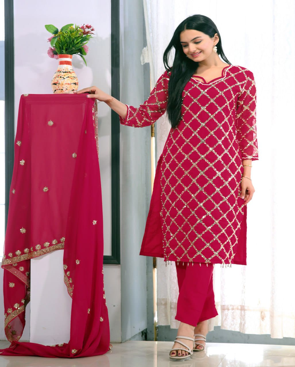 Trendy Red Color Faux Georgette And Sequence Embroidery With Rivet Moti Work Beautiful Salwar Suit