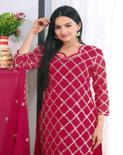 Trendy Red Color Faux Georgette And Sequence Embroidery With Rivet Moti Work Beautiful Salwar Suit